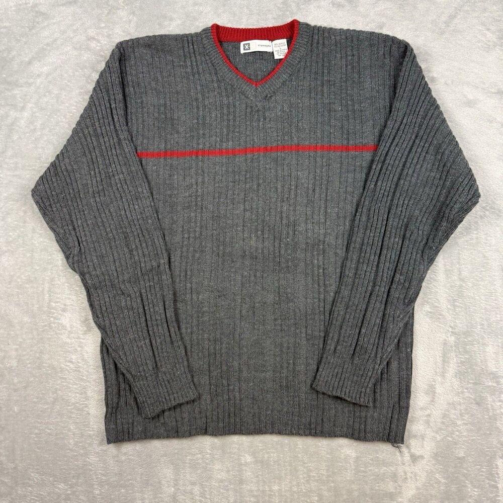 Xtreme Gear Mens Large Gray Red Ribbed V-Neck Sweater 90s Style Skater